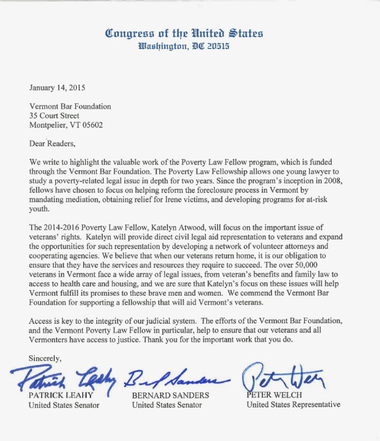 Vermont Congressional Delegation Highlights Poverty Law Fellowship